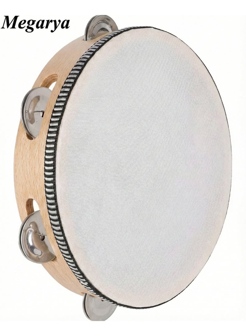 طبلة تمبورن خشبية بحجم 10 بوصة – صف مزدوج من الصنج المعدني، آلة إيقاع محمولة باليد للأطفال والكبار